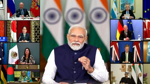 Prime Minister Narendra Modi delivers opening remarks at the Virtual G Leaders Summit