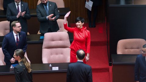 Marketa Pekarova Adamova (center), speaker of the Chamber of Deputies of the Parliament of the Czech Republic, is welcomed upon her arrival at the Legislative Yuan in Taipei on March 28, 2023. (Photo: Sam Yeh/AFP)