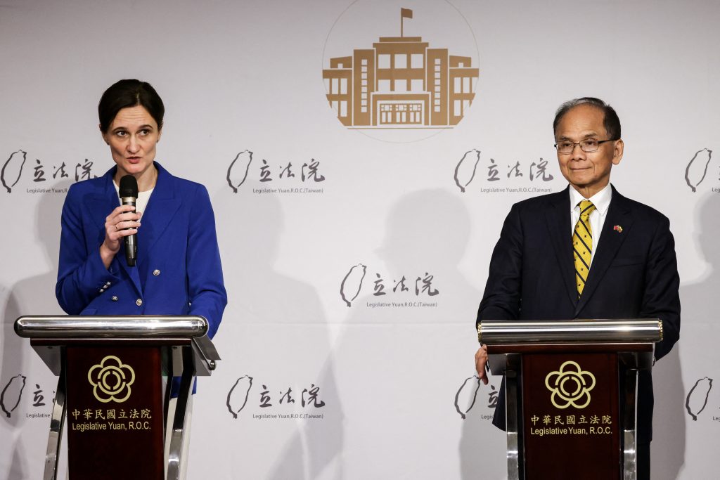 Lithuanian Parliament Speaker Viktorija Cmilyte-Nielsen and Taiwan’s then-Legislative Speaker You Si-kun at a news conference in Taipei on October 23, 2023. (Photo: I-Hwa Cheng/AFP)
