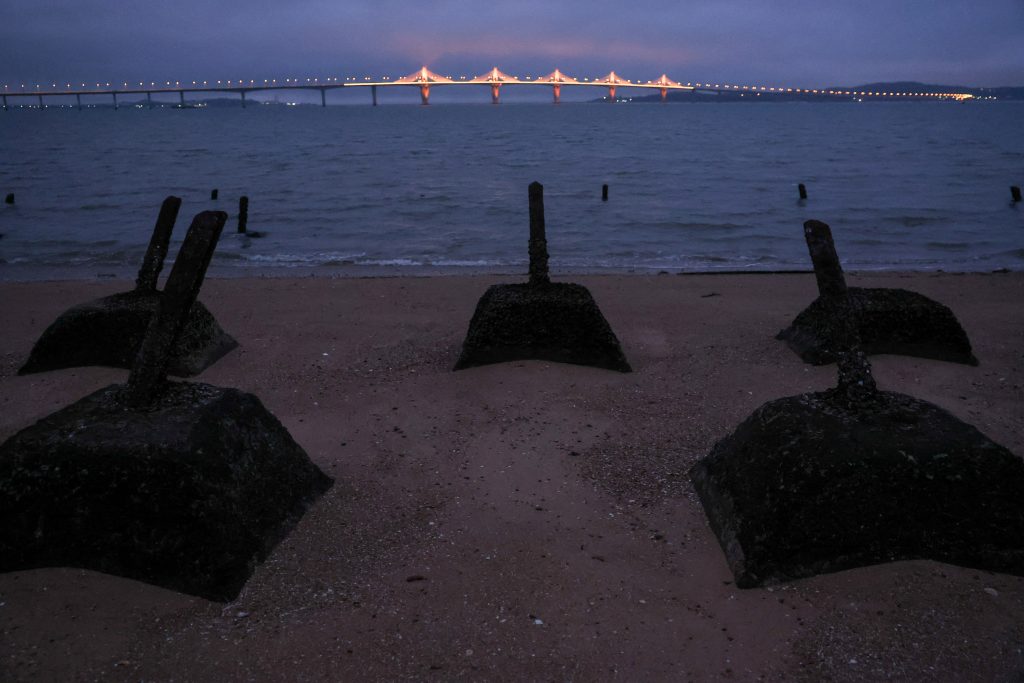 Anti landing barricades are seen on the beach in Kinmen