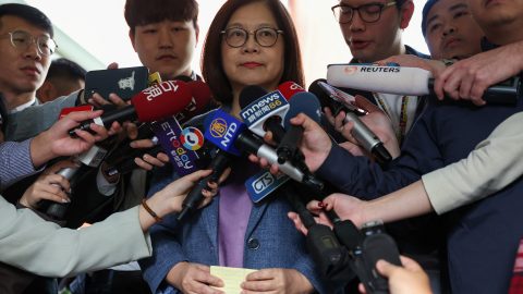 Taiwan s Ocean Affairs Council Minister Kuan Bi ling speaks to the media before entering the parliament in Taipei