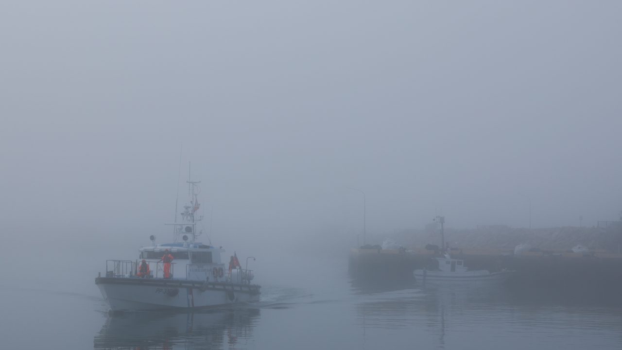 A Taiwan coast guard boat arrives at a port in Kinmen