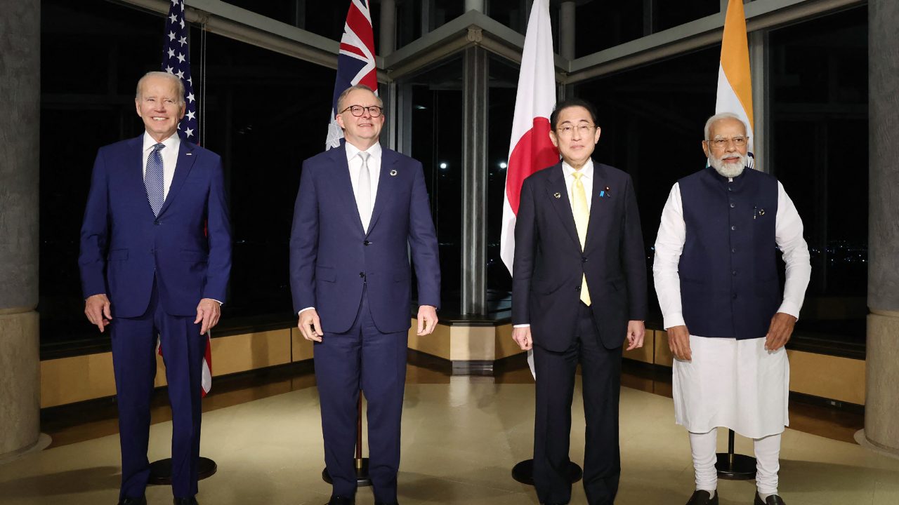 U.S. President Joe Biden, Australian Prime Minister Anthony Albanese, Japanese Prime Minister Fumio Kishida and Indian Prime Minister Narendra Modi pose for a photo as they hold a Quad meeting on the sidelines of the G7 Summit Leaders’ Meeting on May 20, 2023. (Photo: Japan Pool/Jiji Press/AFP)