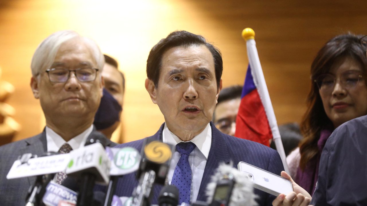 Former Taiwanese President Ma Ying jeou speaks to the media at Taoyuan international airport after concluding his day trip to China in Taoyuan