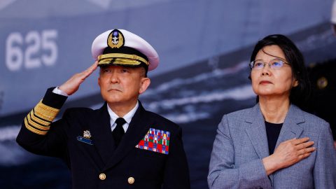 FILE PHOTO: Taiwan President Tsai Ing wen and Taiwan Navy Commander Tang Hua attend the delivery ceremony of six made in Taiwan Tuo Chiang class corvettes at a port in Yilan