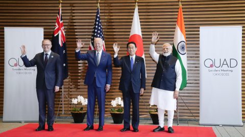 From left: Australian Prime Minister Anthony Albanese, U.S. President Joe Biden, Japanese Prime Minister Fumio Kishida and Indian Prime Minister Narendra Modi pose for a photo ahead of their talks at a summit of the Quad group of Indo-Pacific democracies in Tokyo on May 24, 2022. (Photo: Kyodo via Reuters Connect)