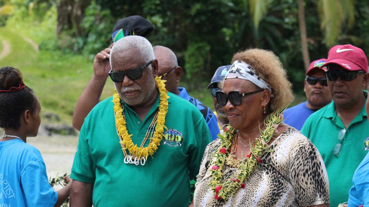 Democratic Alliance Party leader Rick Houenipwela campaigns in Small Malaita