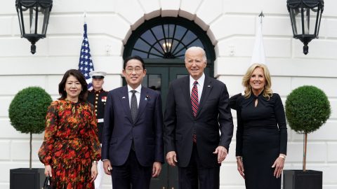 U S President Biden and first lady Jill Biden welcome Japanese Prime Minister Kishida and his wife Yuko Kishida to the White House in Washington