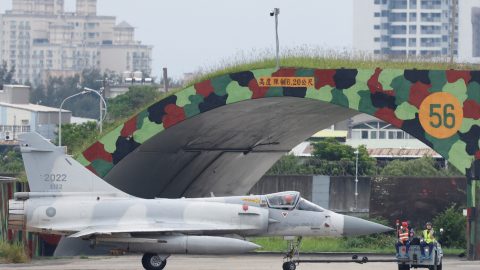 A Taiwan Air Force Mirage aircraft is transported by ground staff at Hsinchu Air Base in Hsinchu