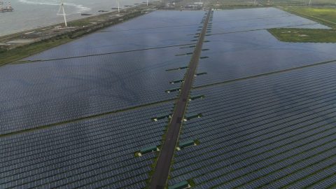 Solar panels constructed by Taiwan Power Company near the Chang-Yi Switching Station in Changhua County are seen on August 4, 2023. (Photo: Sam Yeh/AFP)
