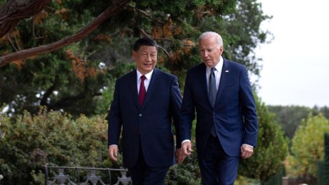 U.S. President Joe Biden and Chinese President Xi Jinping walk together during the Asia-Pacific Economic Cooperation leaders’ week in Woodside, California on November 15, 2023. (Photo: Brendan Smialowski/AFP)
