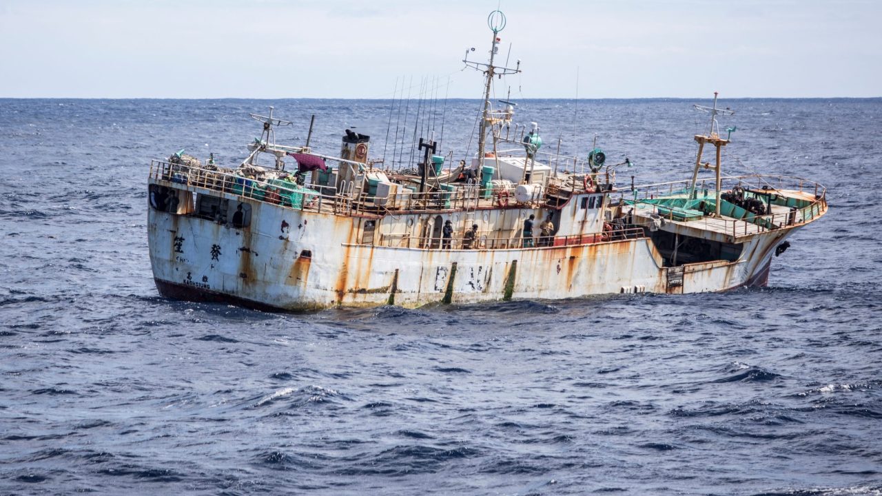 A Taiwanese fishing vessel is seen from the bridge of the Greenpeace vessel Arctic Sunrise as it sails off the coast of South Africa towards Vema Sea Mount on October 30, 2019. (Photo: Marco Longari/AFP)