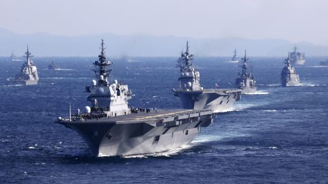 Japan s Maritime Self Defense Force s destroyer Izumo leads the fleet during the International Fleet Review at Sagami Bay Japan