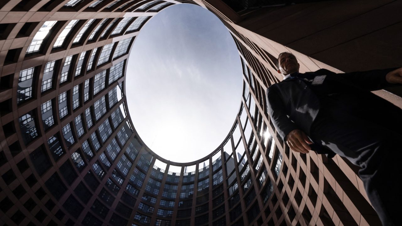 A man walks past the Louise Weiss building at the European Parliament in Strasbourg, France on April 13. (Photo: Sebastien Bozon/AFP)
