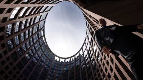 A man walks past the Louise Weiss building at the European Parliament in Strasbourg, France on April 13. (Photo: Sebastien Bozon/AFP)