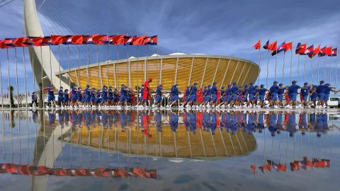 The opening ceremony for Cambodia’s Morodok Techo National Stadium, funded by Chinese grant aid under its Belt and Road Initiative, in Phnom Penh on December 18, 2021. (Photo: AFP)