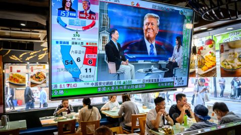 A TV screen showing preliminary results from the U.S. elections hangs in a restaurant in Hong Kong on November 6. (Photo: Mladen Antonov/AFP)