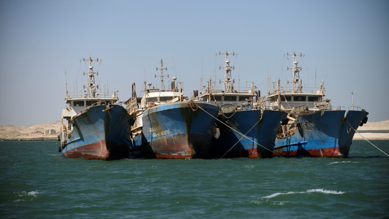 Chinese fishing vessels are seen moored off the coast of Nouadhibou