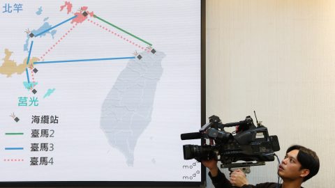 A screen displays a map of the undersea cables between Taiwan and Matsu Island during a press conference at Taiwan’s Ministry of Digital Affairs in Taipei
