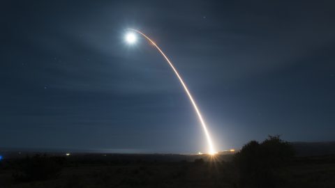 This U.S. Air Force photo shows an unarmed Minuteman III intercontinental ballistic missile as it launches during a developmental test in February of 2020 at Vandenberg Air Force Base in California. (AFP Photo/U.S. Air Force /Clayton Wear/Handout)