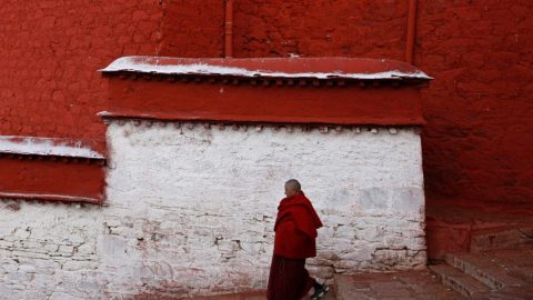 A monk walks down a flight of stairs at Gaden Monastery in Lhasa, Tibet in March of 2014. (Jacky Chen/Reuters)