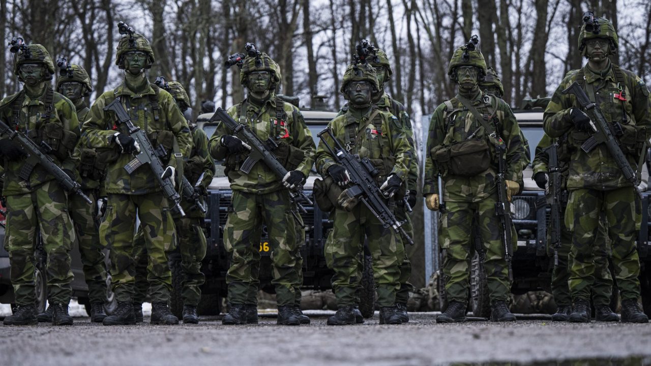 Swedish soldiers participate in a military exercise near Stockholm on February 27. (Photo by Jonathan: Nackstrand/AFP)