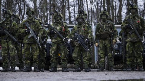 Swedish soldiers participate in a military exercise near Stockholm on February 27. (Photo by Jonathan: Nackstrand/AFP)