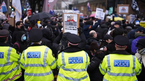 Protesters stage a demonstration at the site of a proposed new Chinese embassy in London on February 8. (Photo: PA Images/Reuters)