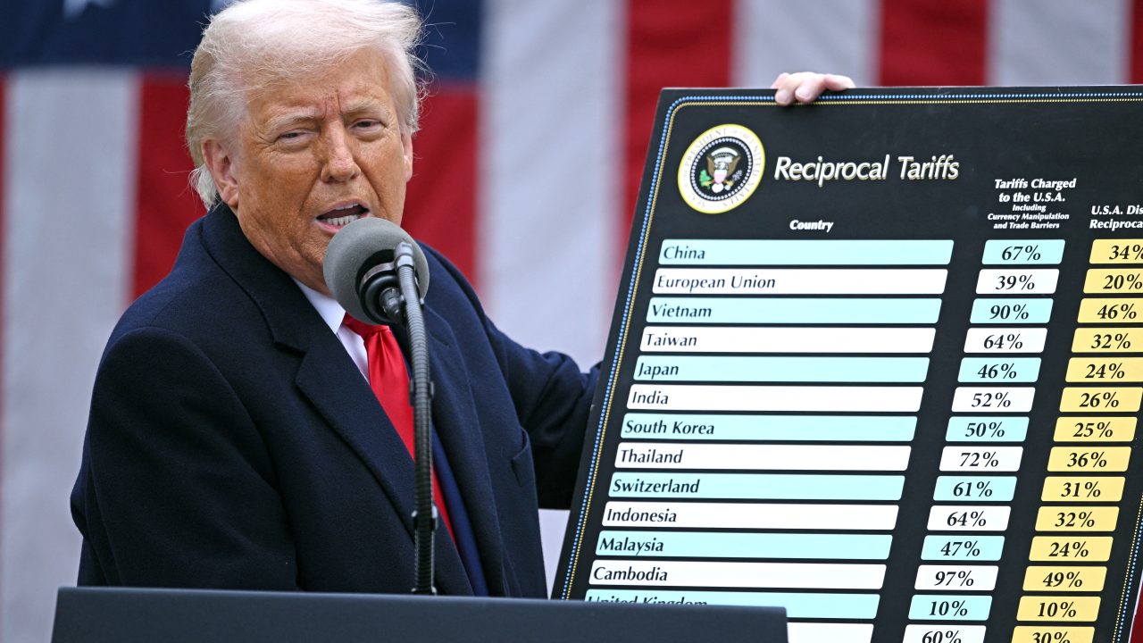 President Trump explains his tariffs at the White House on April 2. (Photo: Brendan Smialowski/AFP)