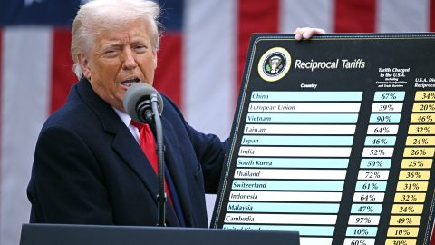 President Trump explains his tariffs at the White House on April 2. (Photo: Brendan Smialowski/AFP)