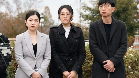 Hong Kong activists Anna Kwok, left, Carmen Lau, center, and Sunny Cheung attend a rally to support the Hong Kong 47 in Washington in November 2024. (May Yeung / SOPA Images via Reuters Connect)