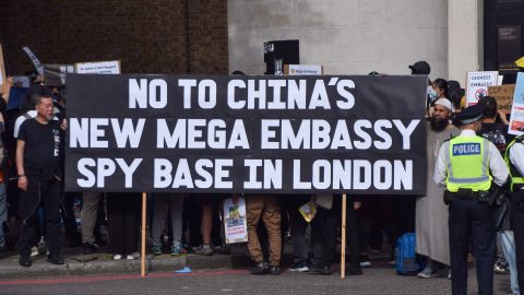 People protest against the proposed new Chinese embassy in London on May 3. (Photo: Vuk Valcic/ZUMA Press Wire via Reuters Connect)