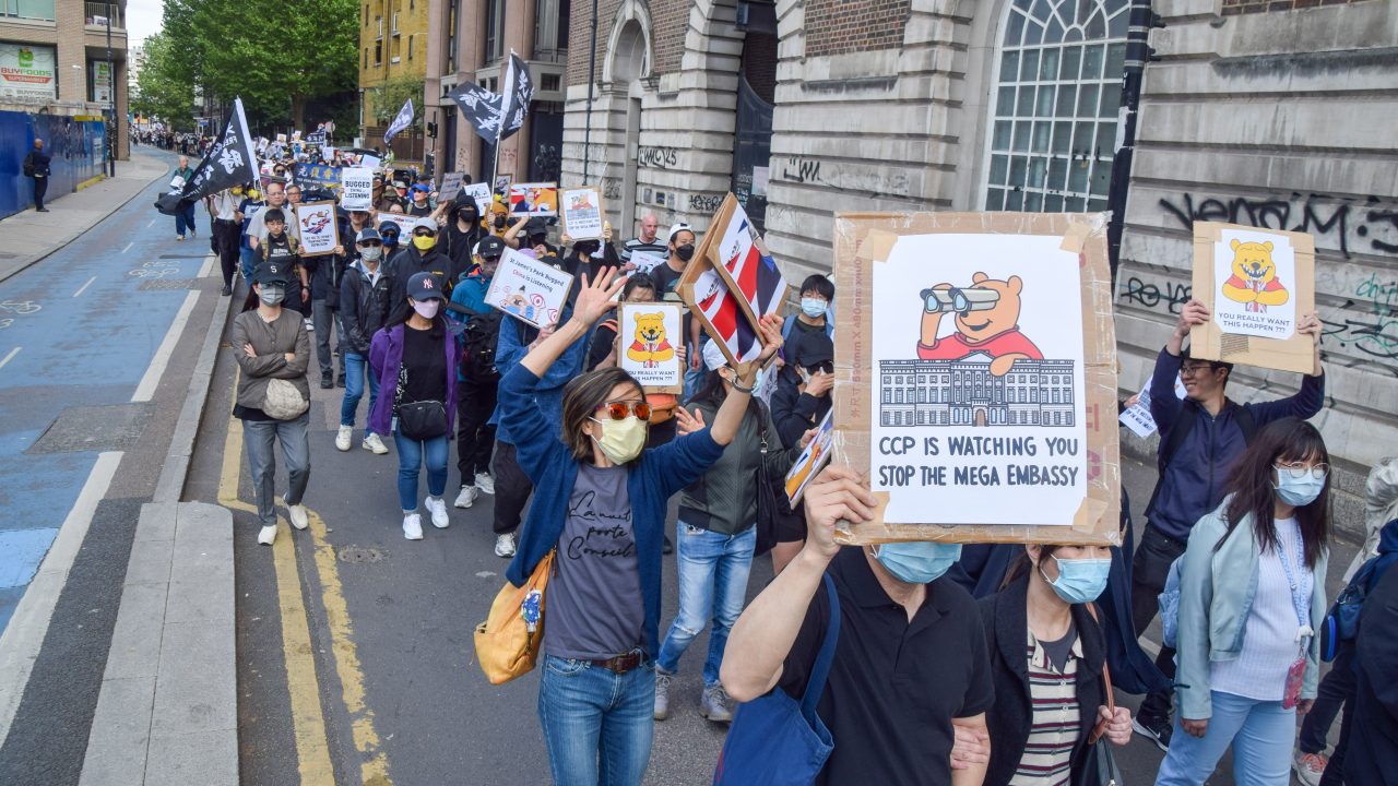 Two thousand people protested against the planned Chinese “mega embassy” at the site of the former Royal Mint in London on May 3. (Photo: Vuk Valcic/ZUMA Press Wire via Reuters Connect)