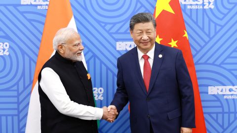 India Prime Minister Narendra Modi and Chinese President Xi Jinping meet on the sidelines of the BRICS summit in Kazan, Russia in October 2024. (Photo: China Daily via Reuters Connect)