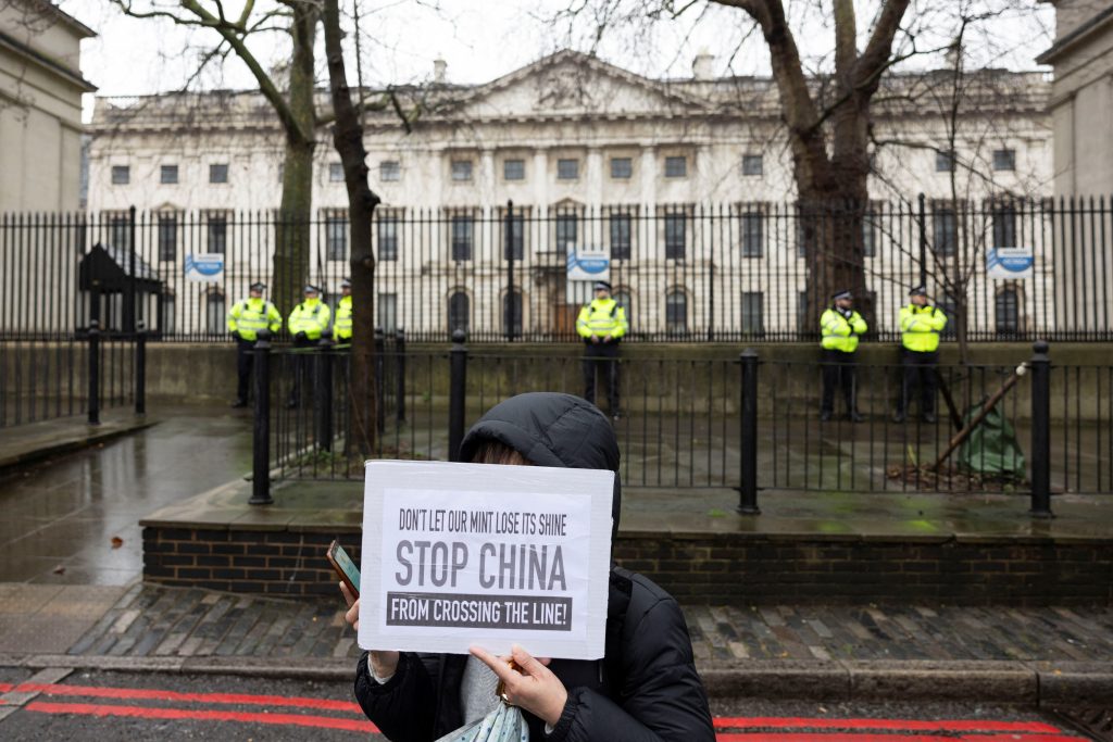Demonstration against the proposed site of the new Chinese Embassy outside Royal Mint Court in London