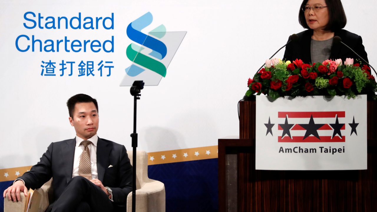 Taiwan s President Tsai Ing wen and Alex Wong R U S deputy assistant secretary at the Bureau of East Asian and Pacific Affairs attend AmCham’s yearly dinner event in Taipei