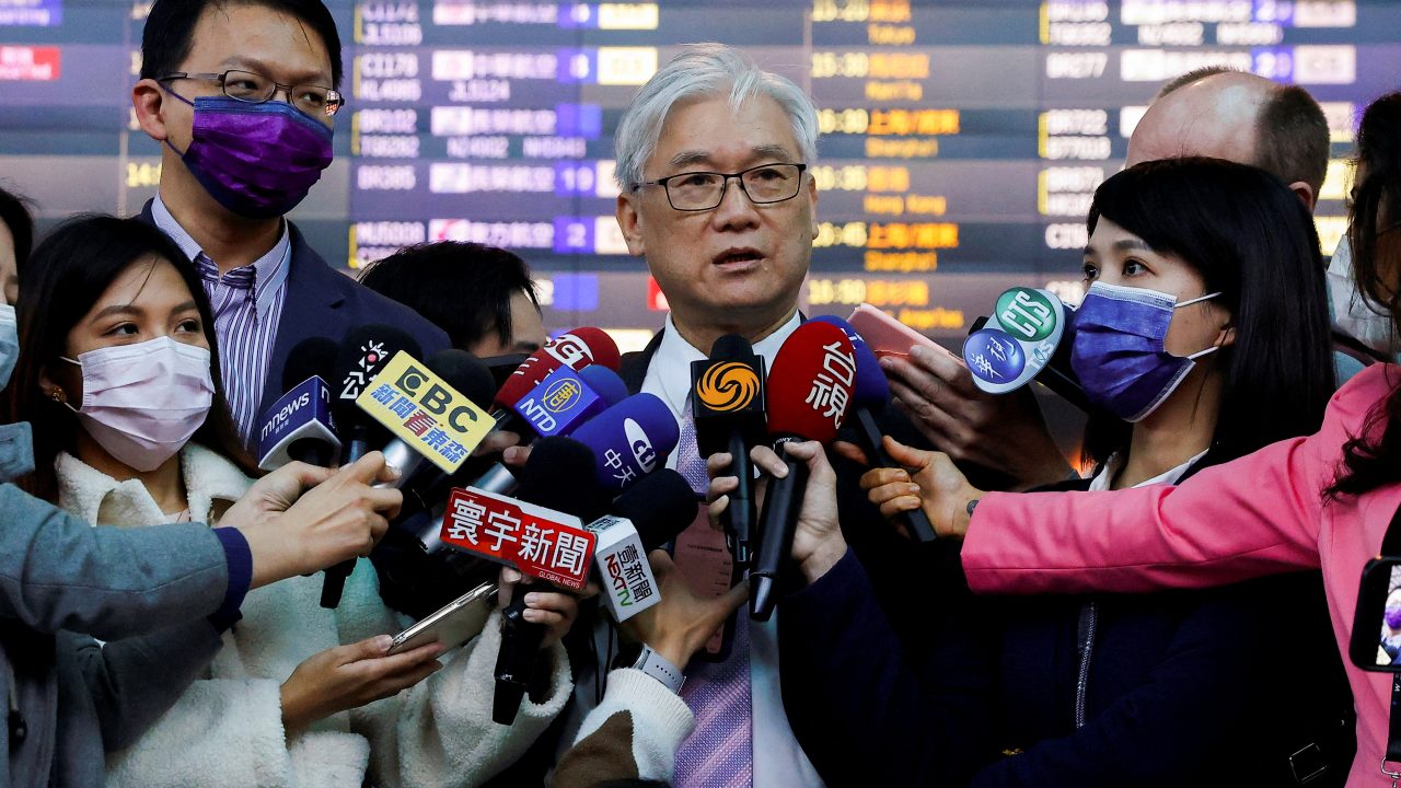 Andrew Hsia deputy chairman of Taiwan s main opposition party the Kuomintang speaks to the media before traveling to China