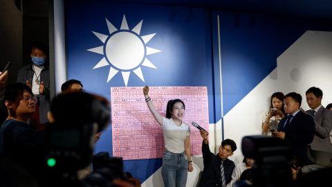 Kuomintang KMT lawmaker Hsu Chiao hsin celebrates after the results of the recall election in Taipei