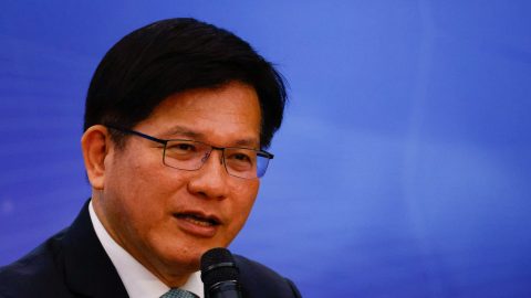 Taiwan Foreign Minister Lin Chia lung makes a speech at a press conference for foreign media in Taipei